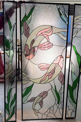 Diseño personalizado de Koi Puerta de entrada de vidrio Insertar panel de vidrio decorativo de vidrio biselado